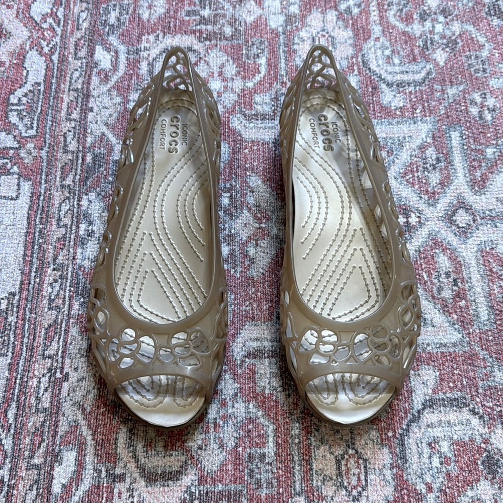 CROCS Golden Tan Flats with Perforated Floral Design